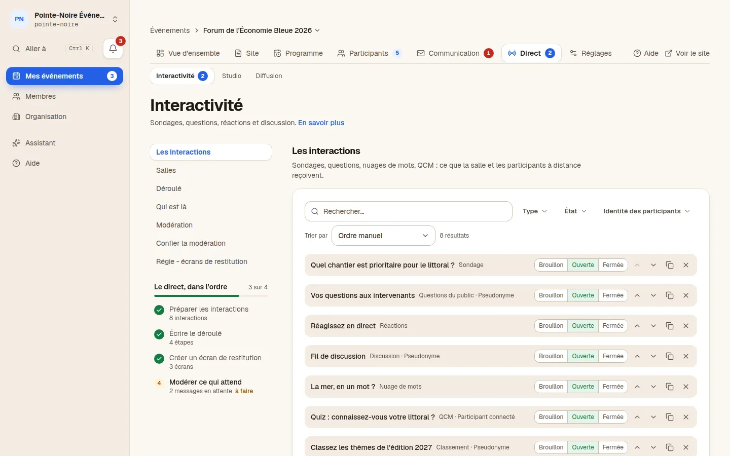 Capture du tableau de bord LiveEvent : la régie du direct, avec la conduite et les questions du public