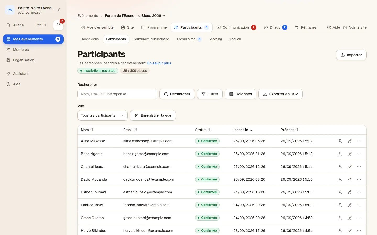 Capture du tableau de bord LiveEvent : la liste des participants d’un événement, avec leur statut et leur présence